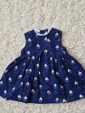 VTG Polly Flinders Nautical Sailboat Hand Smocked Blue Dress Baby Girl Size 18M